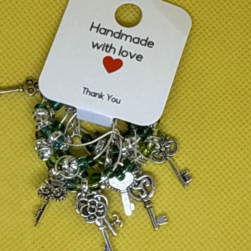 Wine Charms Handmade Key Theme Green Silver  Set of 8 Metal Glass Beads